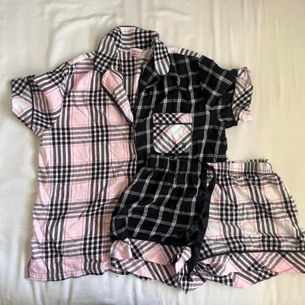 Victorias Secret Plaid Pajama Set Two Tone Womens Sz M Pink/Black Cozy Sleepwear